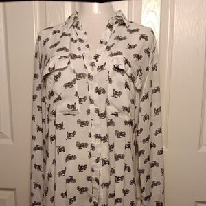 Max Jeans Womens Sheer White Button Up Blouse With Motorcycle Prints